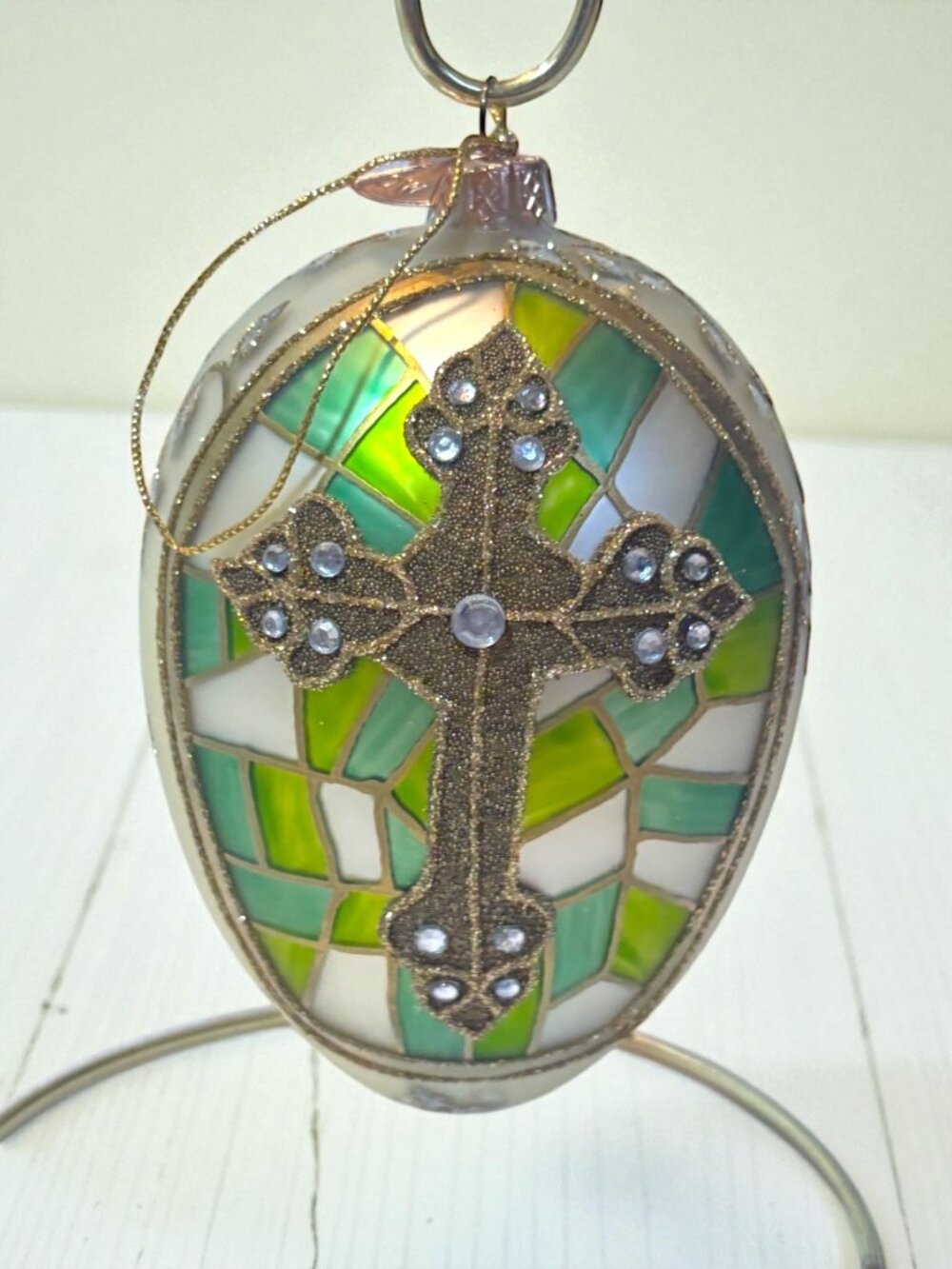 Hand-Painted Stained Glass Style Sullivans Egg Ornament With Gold Glitter Cross